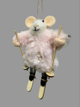 Load image into Gallery viewer, Wool Mouse Pink/White Skiing Wearing Fur w/aGold Star Ornament