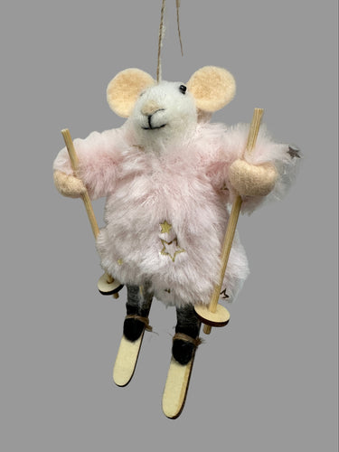 Wool Mouse Pink/White Skiing Wearing Fur w/aGold Star Ornament