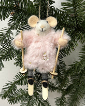 Load image into Gallery viewer, Wool Mouse Pink/White Skiing Wearing Fur w/aGold Star Ornament