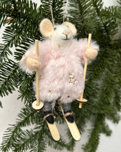 Load image into Gallery viewer, Wool Mouse Pink/White Skiing Wearing Fur w/aGold Star Ornament